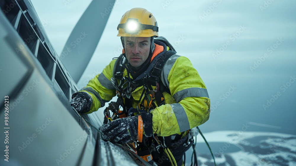 Obraz premium Worker inspecting wind turbine, cloudy sky