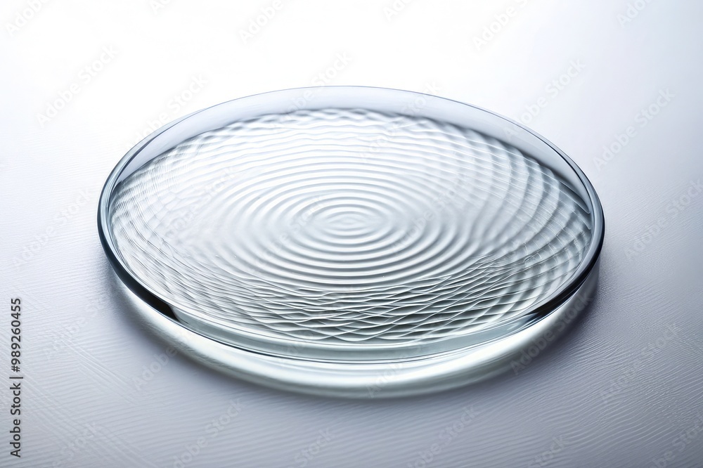 Thin round glass plate, transparent design with water wave patterns, simple white background Thin round glass plate, transparent design with water wave patterns, simple white background