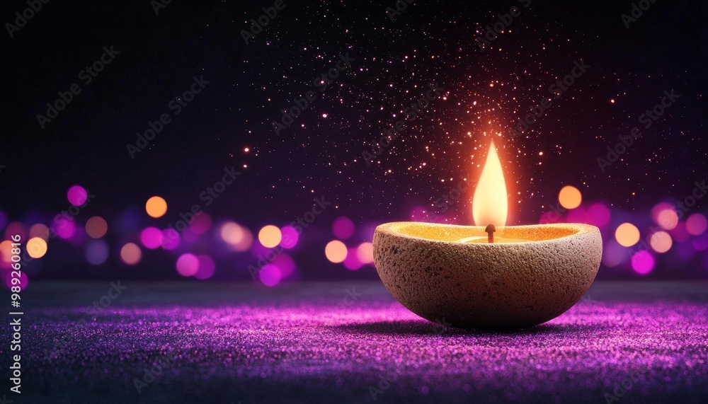 A glowing diya lamp surrounded by colorful bokeh lights, representing the warmth of Diwali night A glowing diya lamp surrounded by colorful bokeh lights, representing the warmth of Diwali night