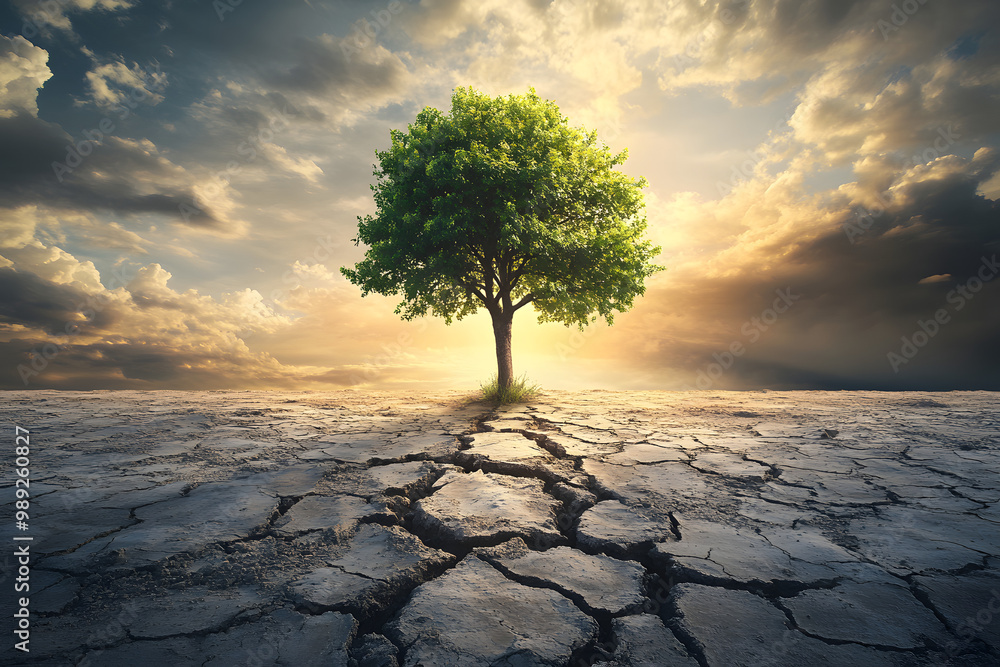 Tree growing in cracked dry land, symbol of resilience, nature survival ...