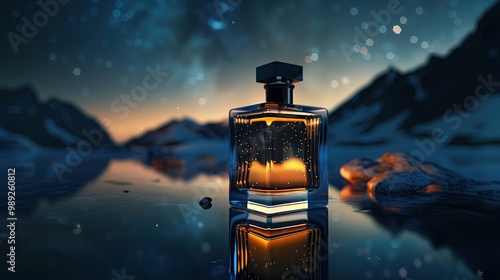 Close-up of a luxury perfume bottle with a stunning night sky, placed on a reflective black surface, with the Milky Way and stars, while the cap creates soft shadows.	