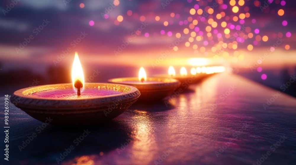A row of lit diyas glowing brightly, with a colorful bokeh light backdrop adding to the festival glow A row of lit diyas glowing brightly, with a colorful bokeh light backdrop adding to the festival glow