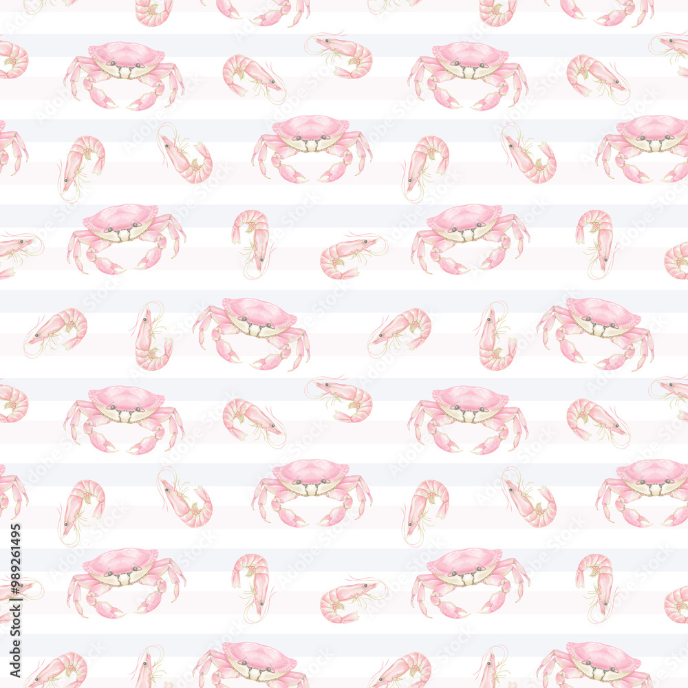 Watercolor seamless pattern with crabs and pink shrimps on striped ...