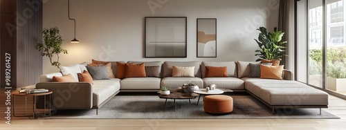 Stunning 3D rendered image of a contemporary and modern living room featuring a spacious modular sectional sofa chic decorative accents