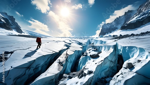 Adventurous climbers exploring a frozen crevasse on a sunlit glacier photo