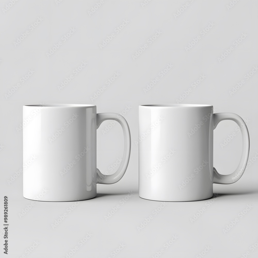 Two identical white mugs positioned side by side on a minimalistic background, showcasing their clean and simple design. Two identical white mugs positioned side by side on a minimalistic background, showcasing their clean and simple design.