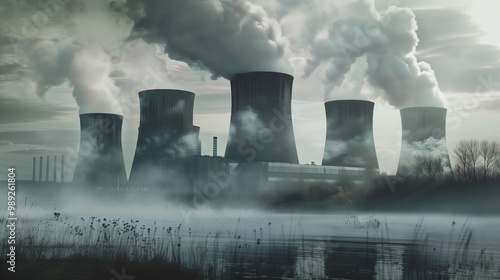 Industrial power plants with cooling towers releasing steam Cooling towers, steam, energy, industry, electricity, environmental impact, emissions, technology, infrastructure
