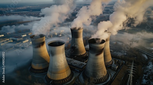 Industrial power plants with cooling towers releasing steam Cooling towers, steam, energy, industry, electricity, environmental impact, emissions, technology, infrastructure

