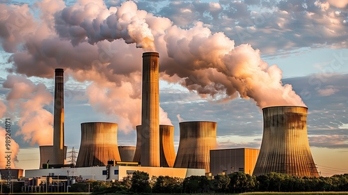 Industrial power plants with cooling towers releasing steam Cooling towers, steam, energy, industry, electricity, environmental impact, emissions, technology, infrastructure
