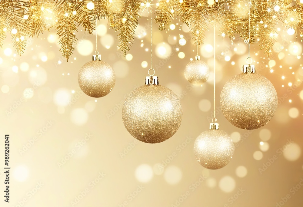 Glittering gold Baubles hang from golden branches, with softly blurred festive lights and a shimmering background of gold bokeh effects. Made with Generative AI Technology Glittering gold Baubles hang from golden branches, with softly blurred festive lights and a shimmering background of gold bokeh effects. Made with Generative AI Technology