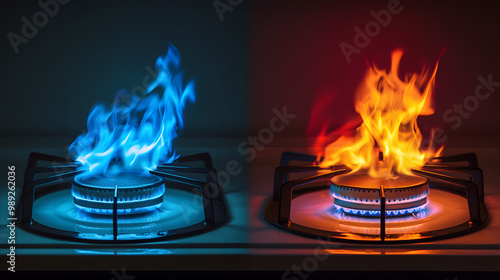 Blue flame vs orange flame on gas stove, cooking temperature comparison, natural gas vs propane, heat intensity, kitchen safety, flame color difference, energy efficiency, cooking fuel photo