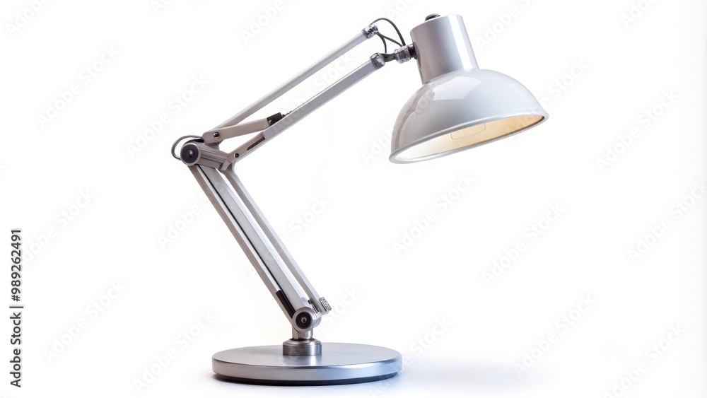 Green metal desk lamp is turned on and illuminating the white background Green metal desk lamp is turned on and illuminating the white background