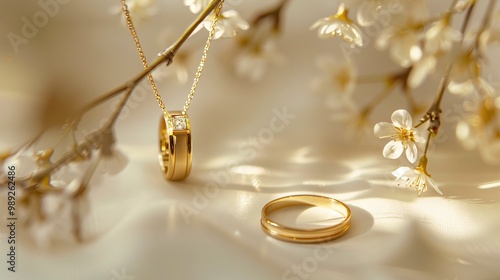 Minimalist gold ring and necklace and earrings decorated with small faceted diamonds with the concept of love, white background, studio shot.
