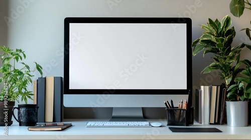 Modern workspace with sleek desktop computer, surrounded by plants and office supplies, creating a clean and productive home office environment.