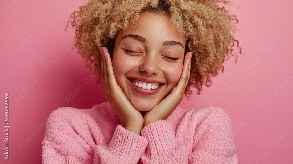 Radiant joy captured in a vibrant portrait: curly-haired woman in pink sweater beams with genuine happiness, hands framing her glowing face against rosy backdrop. Radiant joy captured in a vibrant portrait: curly-haired woman in pink sweater beams with genuine happiness, hands framing her glowing face against rosy backdrop.