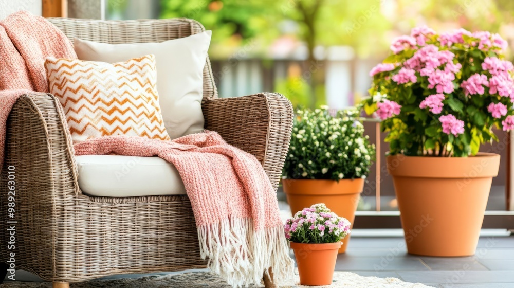 Fototapeta premium Patio with a wicker chair, a cozy blanket, and potted flowers