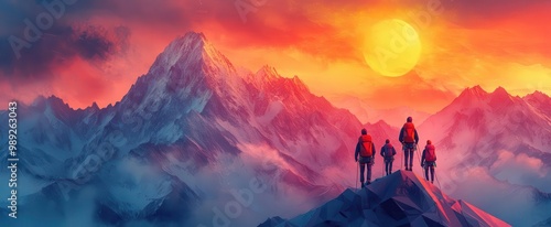 stylized lowpoly illustration of climbers scaling a geometric mountain vibrant colors symbolizing teamwork and personal growth