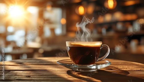 Cozy coffee moment in a sunlit cafe setting with a steaming cup on a rustic wooden table.