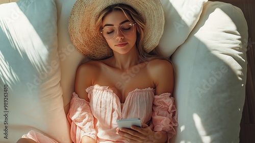 Top view of woman relaxing on sofa and scrolling through phone screen while she is shopping online. Bright lighting, elegant colors and soft pink. Simple items in the image.
