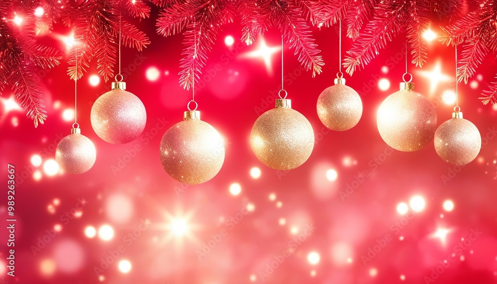 Golden Christmas Ornaments Hanging Gracefully with fir branches, glittering stars, and twinkling lights, magical holiday glow in a soft, defocused red background. Made with Generative AI Technology Golden Christmas Ornaments Hanging Gracefully with fir branches, glittering stars, and twinkling lights, magical holiday glow in a soft, defocused red background. Made with Generative AI Technology