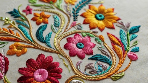 Intricate embroidery design with vibrant colors and detailed texture.