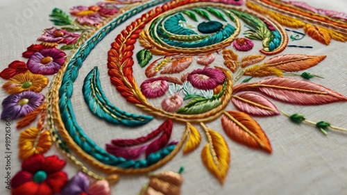 Intricate embroidery design with vibrant colors and detailed texture.