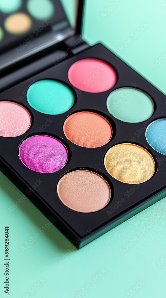 Vibrant eyeshadow palette featuring an array of colorful pressed powders in pastel and bold hues, showcasing the diversity of makeup shades on a mint green background. Vibrant eyeshadow palette featuring an array of colorful pressed powders in pastel and bold hues, showcasing the diversity of makeup shades on a mint green background.