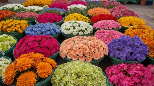 A vibrant display of colorful flowers at a bustling market.