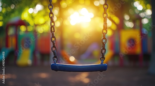 Colorful playground swings in motion, shot from behind of child swinging, blurred background of colorful play equipment, sunlight through trees.
