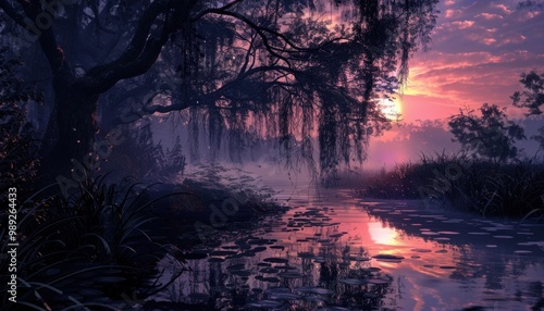 Mystical twilight in a serene wetland with a vibrant sunset reflecting on still waters