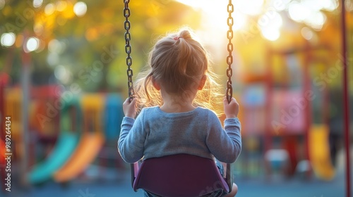 Colorful playground swings in motion, shot from behind of child swinging, blurred background of colorful play equipment, sunlight through trees.

