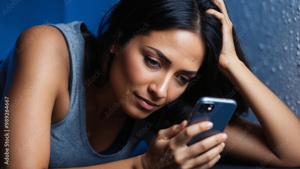 Focused woman looking at mobile phone screen Focused woman looking at mobile phone screen
