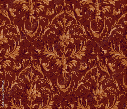 Intricate vintage wallpaper with a maroon background and gold floral design.