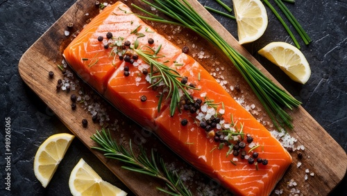 Close up of raw salmon filet on board