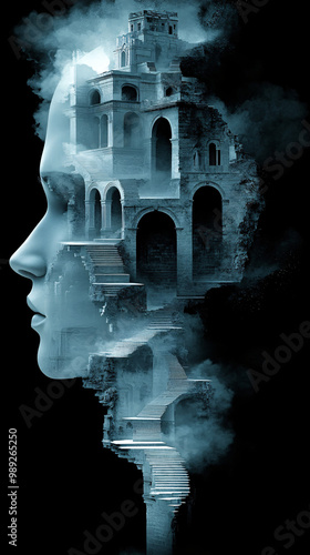 Abstract human face built from mosaic stone textures and integrated stairs, surreal profile merging architecture and human features with light and shadow in modern geometric design photo