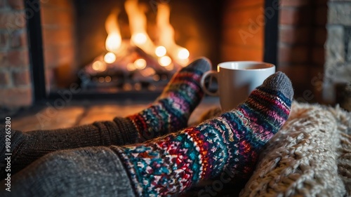 A woman relaxes by the fireplace, warming her feet in woolen socks with a cup of hot drink. Close-up on feet, capturing a cozy winter and holiday vibe.