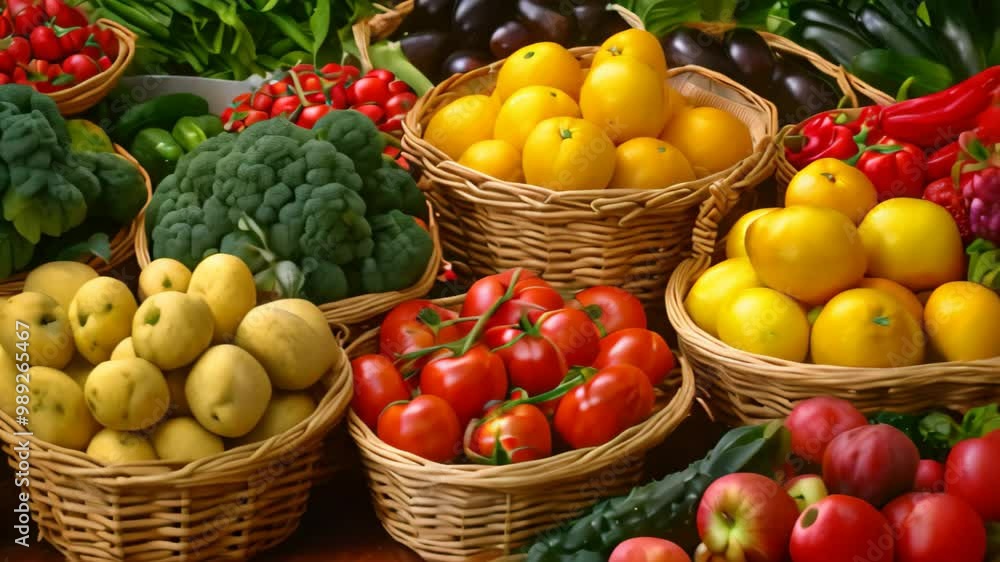 A variety of fresh fruits and vegetables are displayed in wicker baskets at a farmers market, A variety of fresh fruits and vegetables displayed in baskets A variety of fresh fruits and vegetables are displayed in wicker baskets at a farmers market, A variety of fresh fruits and vegetables displayed in baskets