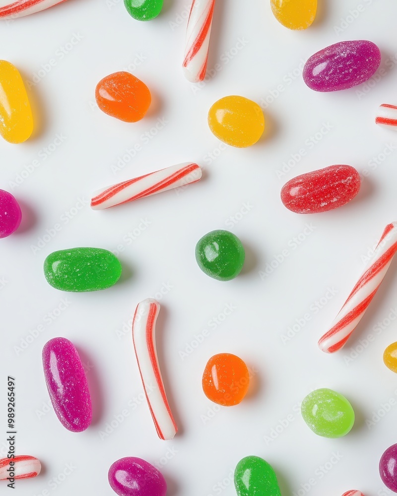 Fototapeta premium A colorful assortment of various candies scattered on a white surface.