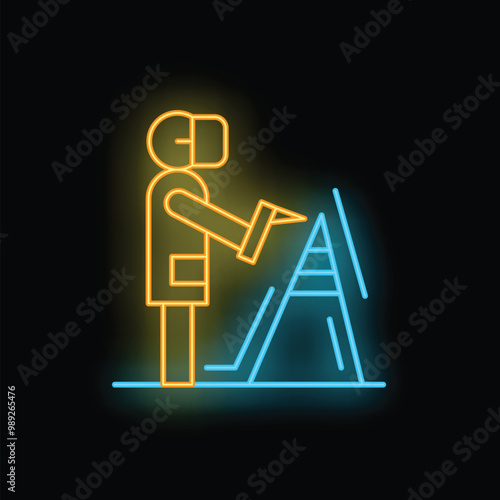 Neon sign illustrating a geologist wearing a vr headset and holding a tool while examining geological layers