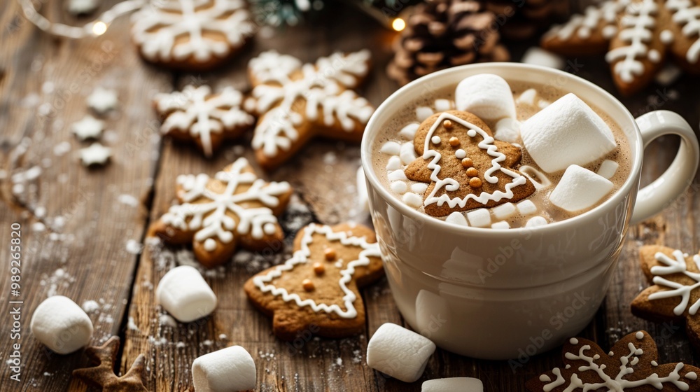 Cozy winter scene with a mug of hot cocoa topped with marshmallows and gingerbread cookies shaped like snowflakes and stars on rustic wooden table. Cozy winter scene with a mug of hot cocoa topped with marshmallows and gingerbread cookies shaped like snowflakes and stars on rustic wooden table.