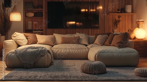 Cozy and inviting modern living room with a large comfortable sectional sofa and minimalist stylish decor plush throw pillows and knitted blankets muted earth tones and natural woods