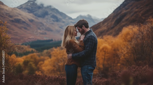 A couple warmly embraces amidst a breathtaking autumn mountain landscape, showcasing vibrant fall foliage and rugged peaks.