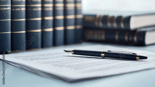 Obraz Close-up of documents and a pen resting on a table, with law books in the background, soft focus.