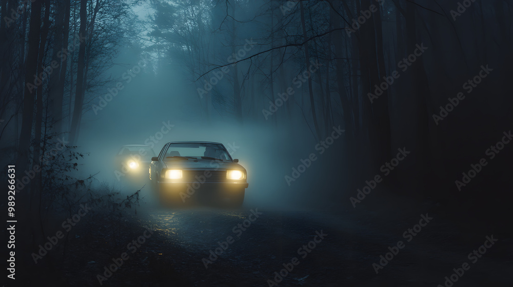 A car chase through a dense fog-covered forest headlights piercing through the mist as the vehicles race. A car chase through a dense fog-covered forest headlights piercing through the mist as the vehicles race.