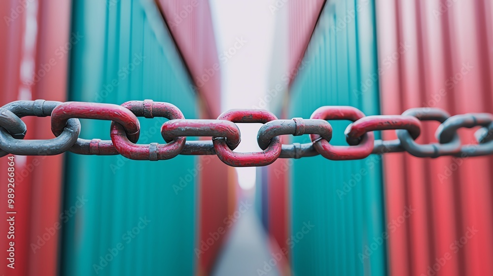 A broken chain blocking a shipping container, symbolizing trade barriers, trade barrier, international commerce restriction A broken chain blocking a shipping container, symbolizing trade barriers, trade barrier, international commerce restriction