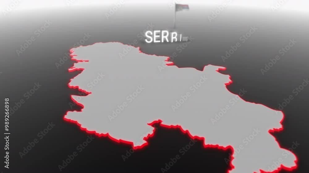3d animated map of Serbia gets hit and fractured by the text “Crisis”