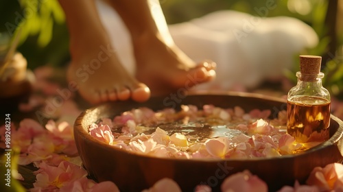 Relaxing foot bath with rose petals and essential oil in natural, peaceful garden setting for spa and self-care.