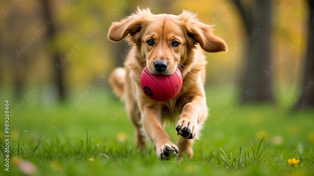 Energetic golden retriever playing with a red ball in a green park on a sunny day Energetic golden retriever playing with a red ball in a green park on a sunny day