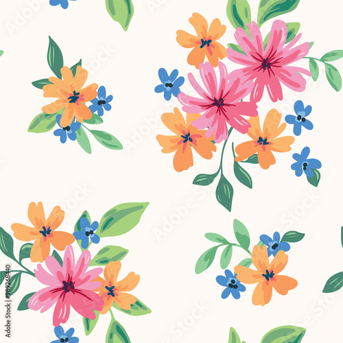 Seamless floral pattern, cute liberty ditsy print, abstract ornament of colorful hand drawn summer bouquet. Botanical design in folk motif: small simple flowers, tiny leaves on white surface. Vector.