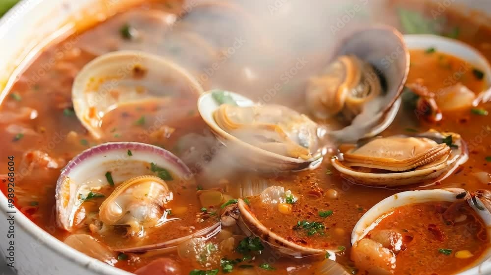 Delicious clam chowder preparation at a coastal kitchen in the heart of summer Delicious clam chowder preparation at a coastal kitchen in the heart of summer